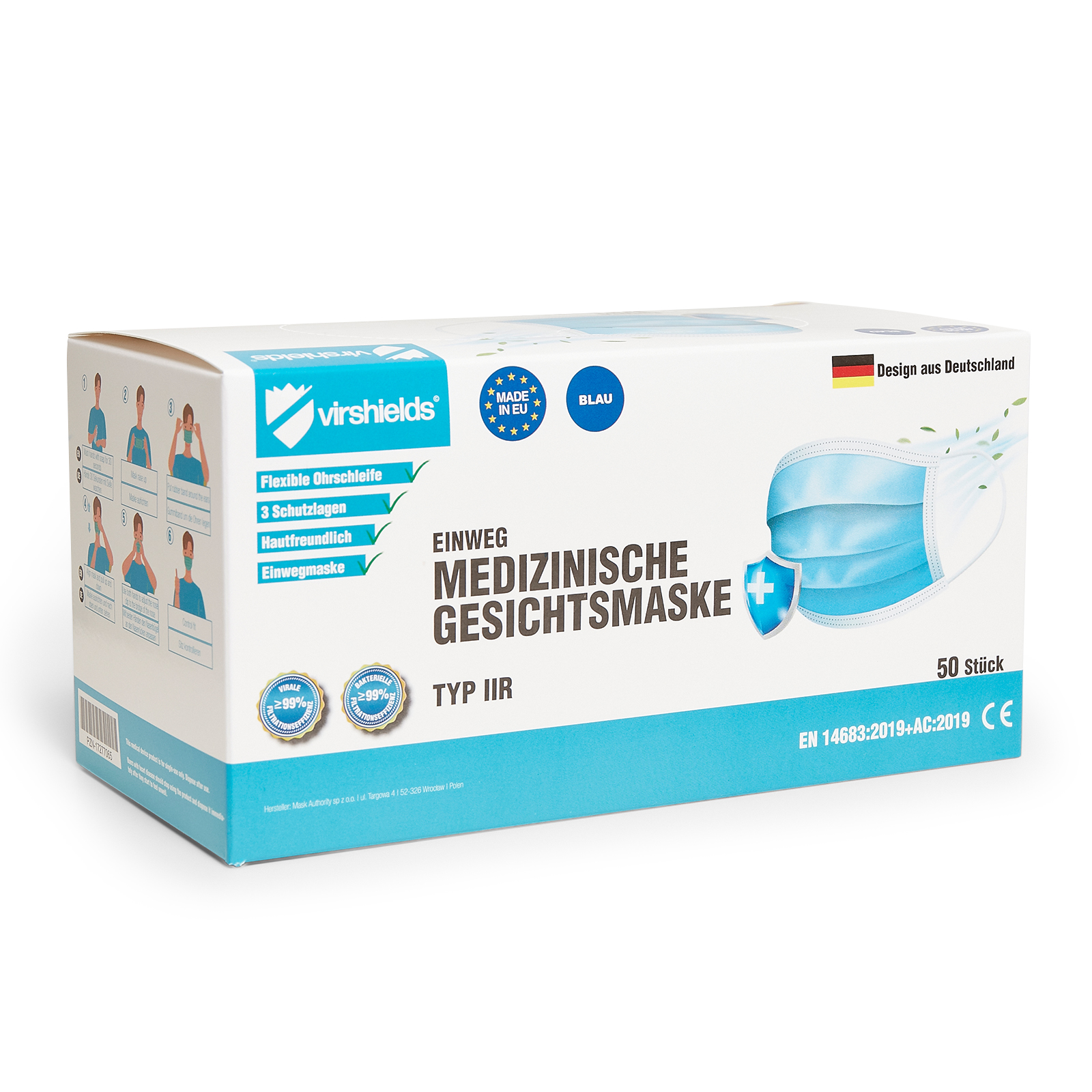 Medizinische Gesichtsmaske mit Ohrschlaufen, Typ IIR, EN 14683:2019
50 Stück/Pack  20 Pack/Karton  
Farbe: Blau
 
Mindestabnahme 1 VE=2000 Stück