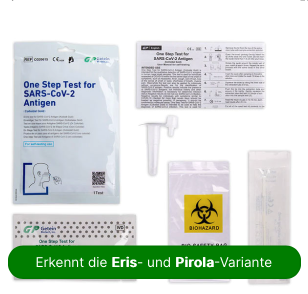 INHALT DES TESTKITS 
Ein Kit enthält: 
Paketspezifikationen: 1 T / Kit, 3 T / Kit, ST/ Kit. 
1) SARS-CoV-2-Antigen Testkarte
2) Probenextraktionslösung
3) Einweg-Nasentupfer
4) Röhrchen/ Pipette
5) Beutel für Testabfälle
6) Gebrauchsanweisung: 1 Stück/ Kit