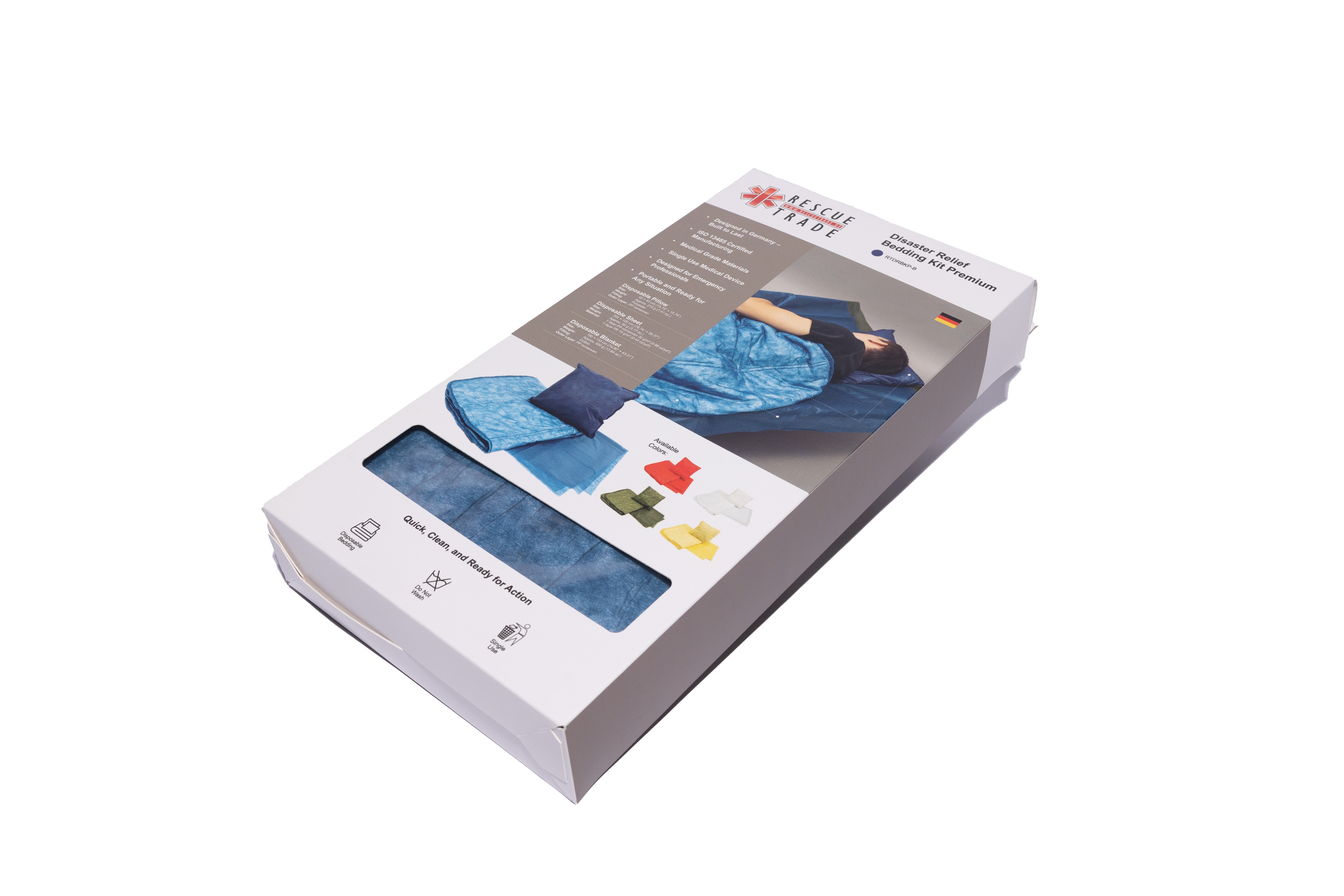 Katastrophenhilfe-Bett-Set Premium blau
Einmaldecke ca.500g, 190x110cm Baumwollfüllung 
Einmalvlieslaken  200x100cm
Einmalkissen ca.210g, 40x40cm
Einzeln hygienisch und platzsparend im Polybag verpackt

-Naturkatastrophen
-Epidemien und Pandemien
-Flüchtlingslagern